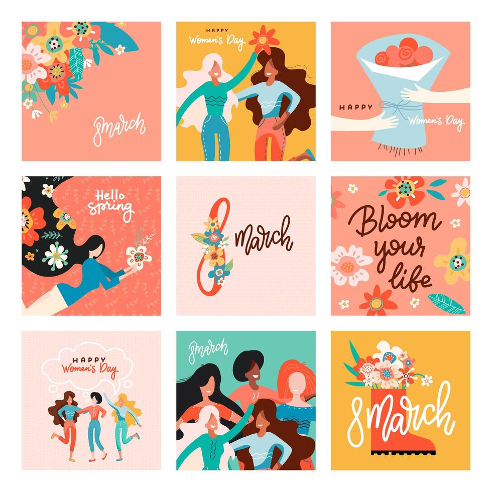 International Women s Day. Greeting cards big set with women, flowers and lettering. Design element for poster, banner. Flat hand drawn vector illustration