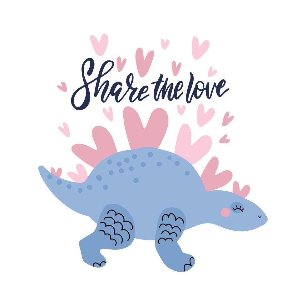 Romantic vector illustration of lovely dinosaur with heart shares love. Childish hand drawn dino in love for greeting card, invitation, poster with lettering Share the love. Flying hearts