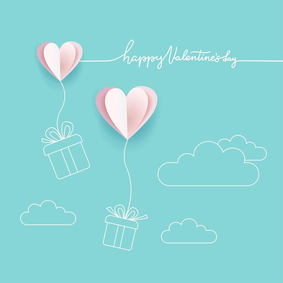Symbol of love on turquoise blue background, greeting card, paper cut design with line art style with Happy Valentine s day lettering. Hearts with gift boxes. vector illustration with space for text