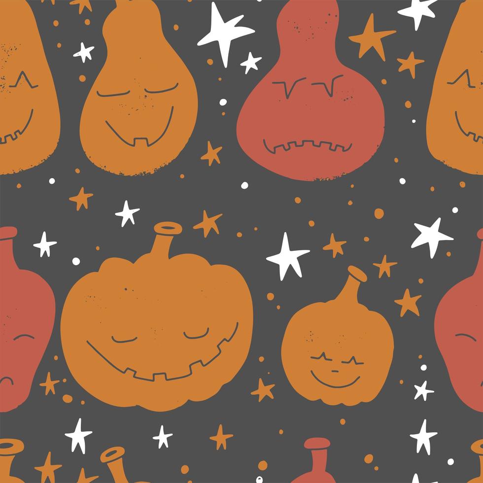 Abstract seamless pumpkin pattern for grunge halloween clothes. Creative vector halloween pattern with textured flat pumpkin scary face silhouettes. Funny pumpkin pattern for textile and fabric.