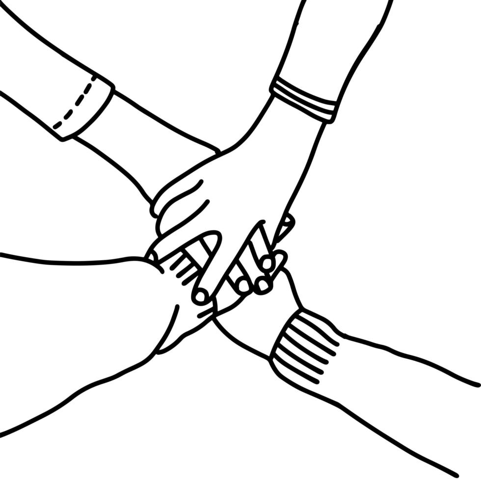 Team symbol. Happy linear childish hands together. Line vector illustration.