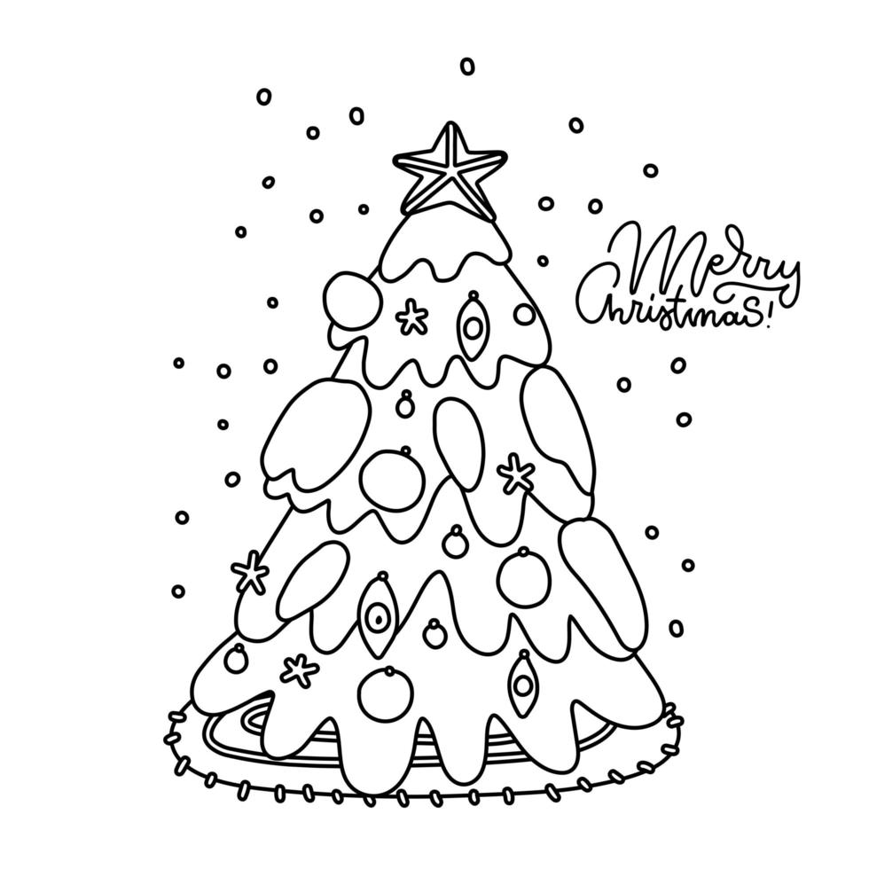 Coloring page of a decorated Christmas tree covered with snow. Vector black and white linear illustration isolated on transparent background.