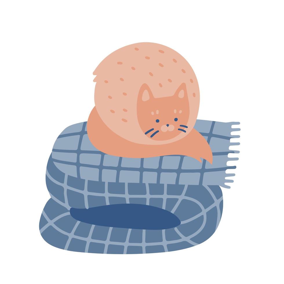 gato gracioso durmiendo en una manta doblada. concepto de diseño para niños, vacaciones de invierno. elemento aislado a mano alzada. ilustración plana vectorial. solo 5 colores - fácil de volver a colorear. vector