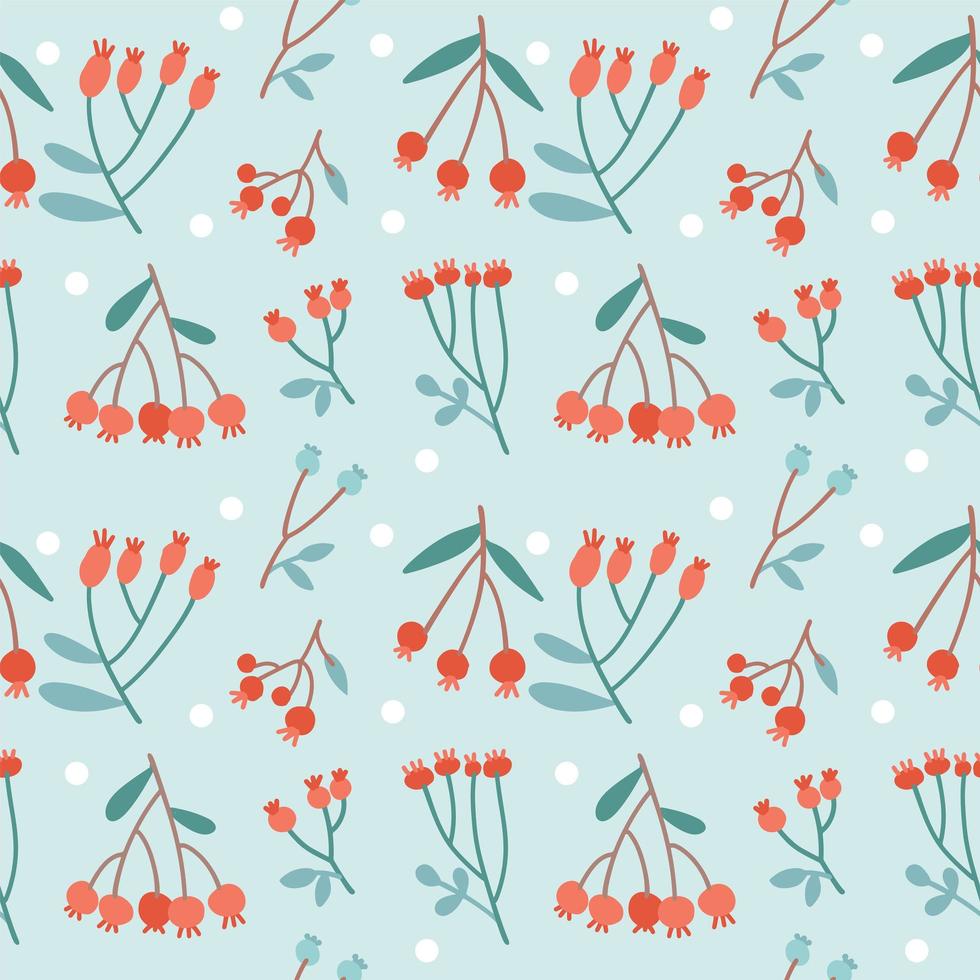 Christmas seamless pattern with berries on branches, leaves and twigs. Festive plants ornate for New Year and xmas, decoration on light blue background. Vector Flat illustration in scandinavian style.