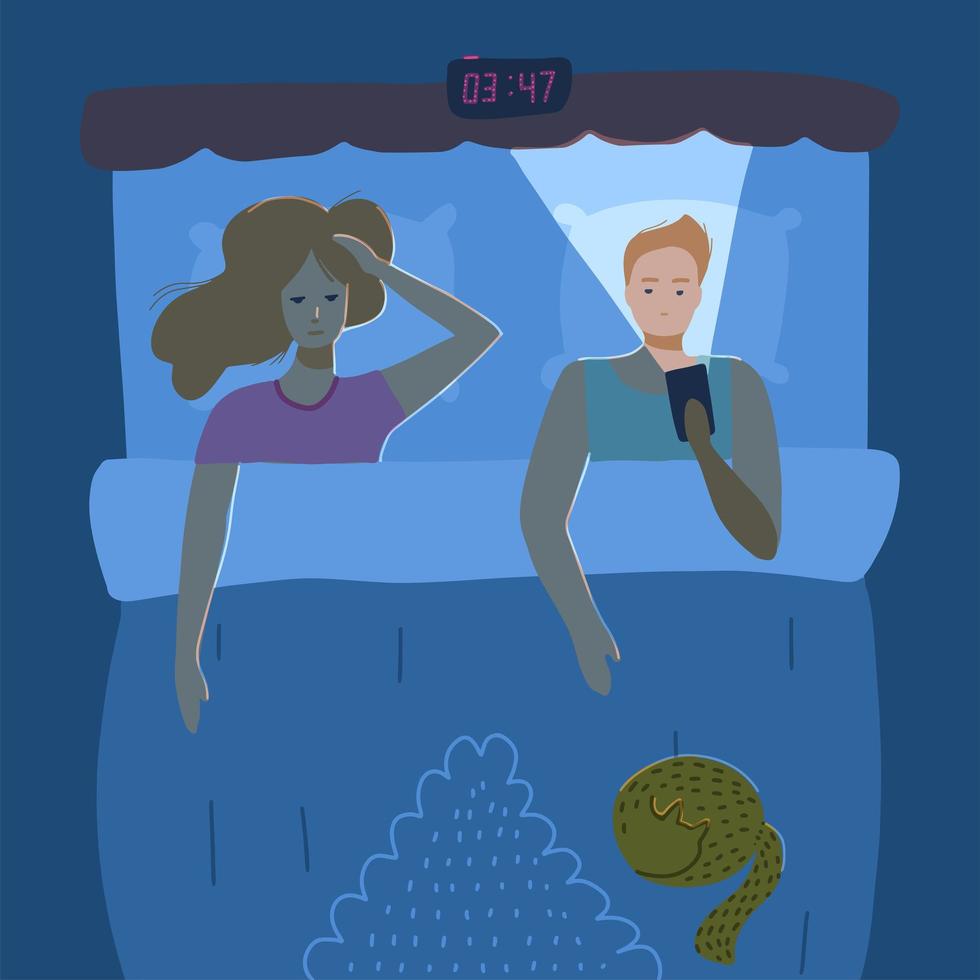 Sleepless Couple of young people. Insomnia concept. Top view. Man and woman lying in the bed. Vector character illustration in a flat style.