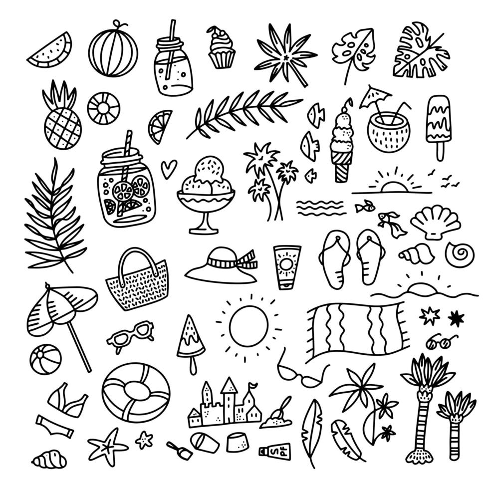 Icon set summer beach holidays, travel, vacation with sand castle, shoes, ice cream, shells, ball, drink, towel, sunglasses, parasol. Hand drawn black and white doodle vector illustration.