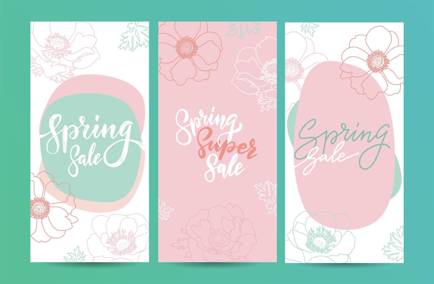 Set of Spring sale cards with blooming flowers. Design template card for the hotel, beauty salon, spa, restaurant, club. Vector line art illustration of a spring bouquet of flowers with hand lettering