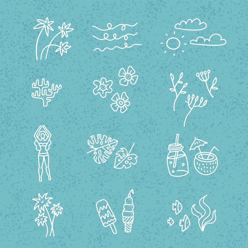 Line vector hand drawn doodle cartoon set of summer time season objects and symbols on blie textured backgound. Linear art collection - cocktails, flower, palm leaves, icecream.