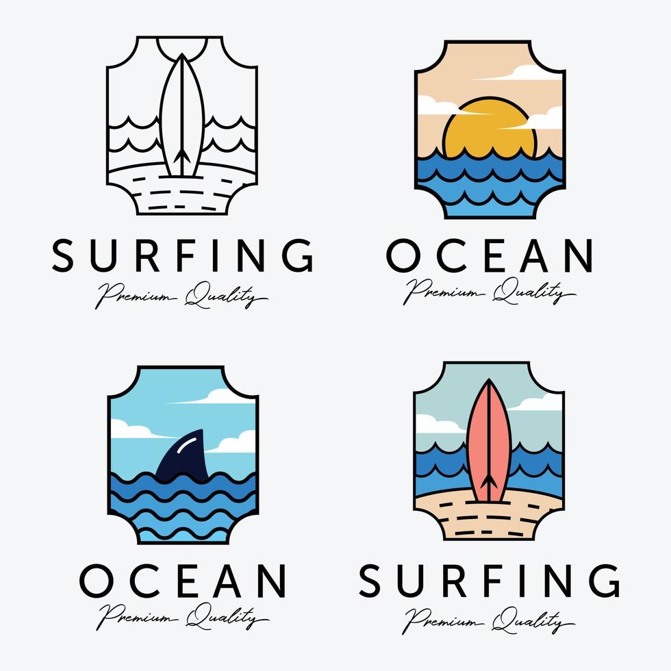 conjunto de logotipo de vector de vacaciones en la playa, ilustración del concepto de horizonte de puesta de sol marina, diseño de logotipo de deporte extremo de surf, logotipo colorido del océano, puesta de sol y amanecer en el diseño de la costa