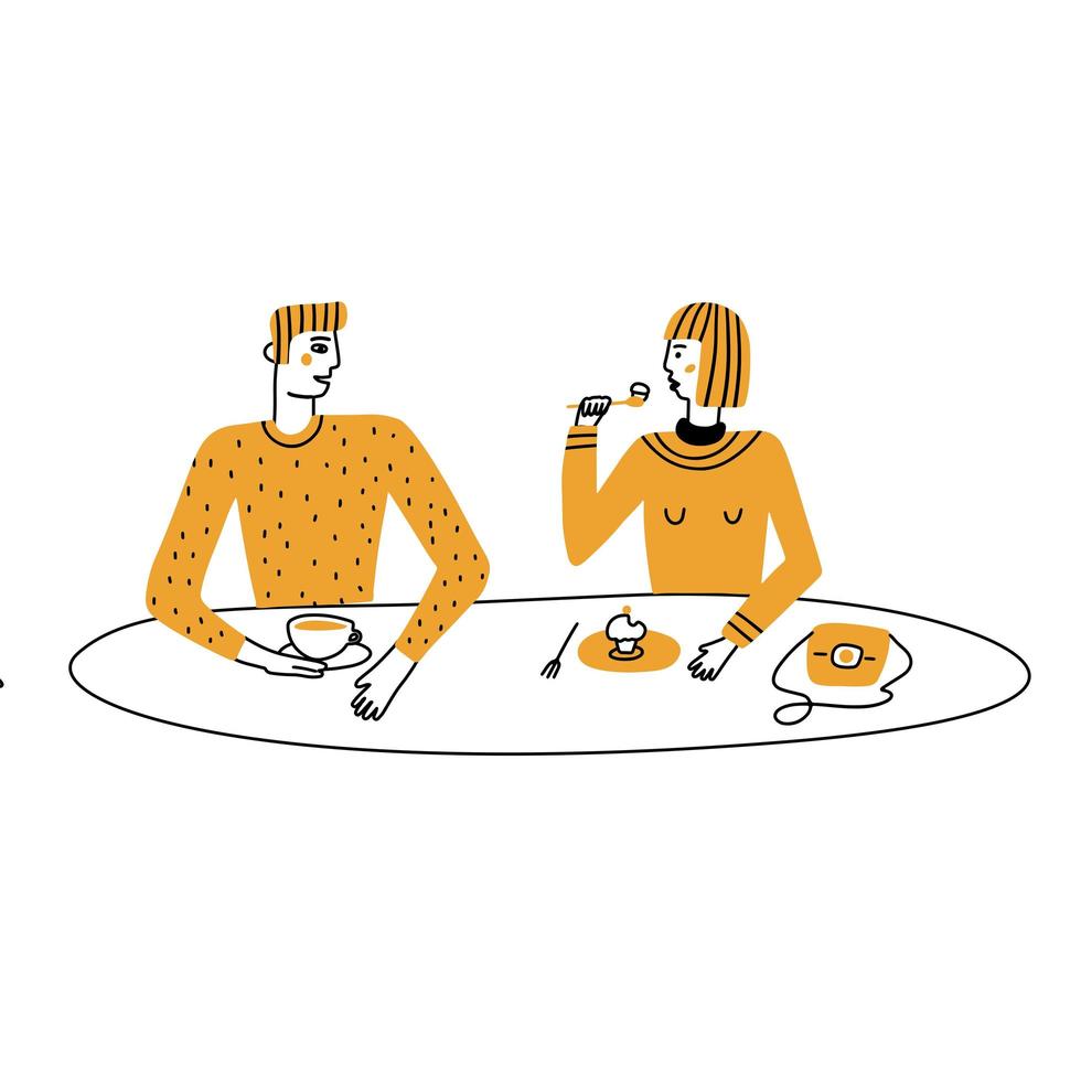 pareja bebe café. momentos de relajación en la cafetería. la apariencia y el estilo de vida. ilustración vectorial dibujada a mano en estilo de garabato. concepto semi-abstracto vector