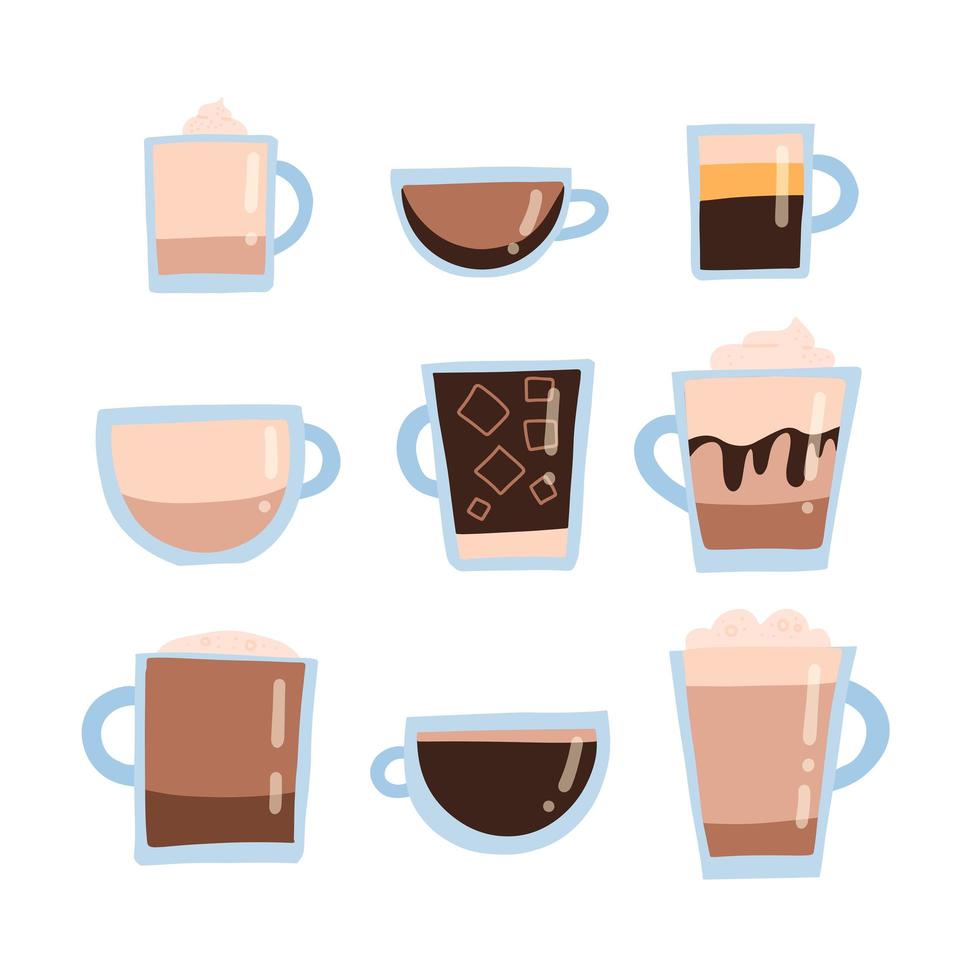 tipos de juegos de café para el menú. ilustración vectorial plana. vasos y mugs de cristal en corte. vector