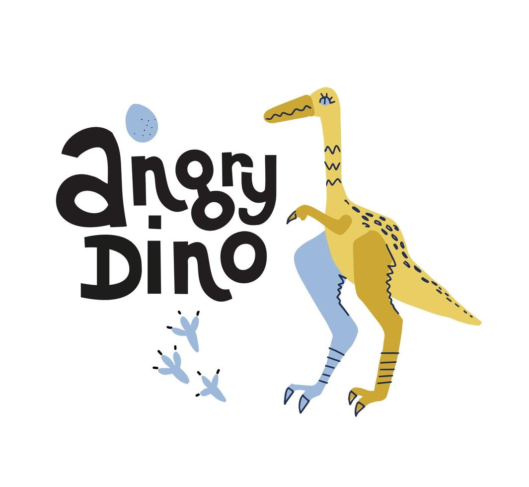 Feathered Struthiomimus dinosaur with egg color hand drawn vector character with lettering quote Angry Dino. Sketch Jurassic dino reptile. Isolated cartoon illustration in scandinavian style