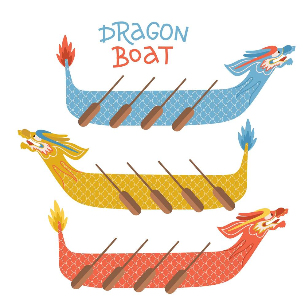 conjunto de iconos del festival del barco de carreras de dragones. vector de ilustración plana de dibujos animados aislado en fondo blanco con texto de letras