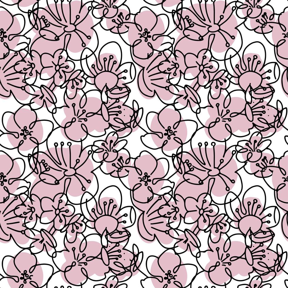 patrón impecable con siluetas lineales de flores de cerezo rosa sobre un fondo blanco. flor de primavera. diseño abstracto moderno para papel, cubierta, tela, decoración interior vector