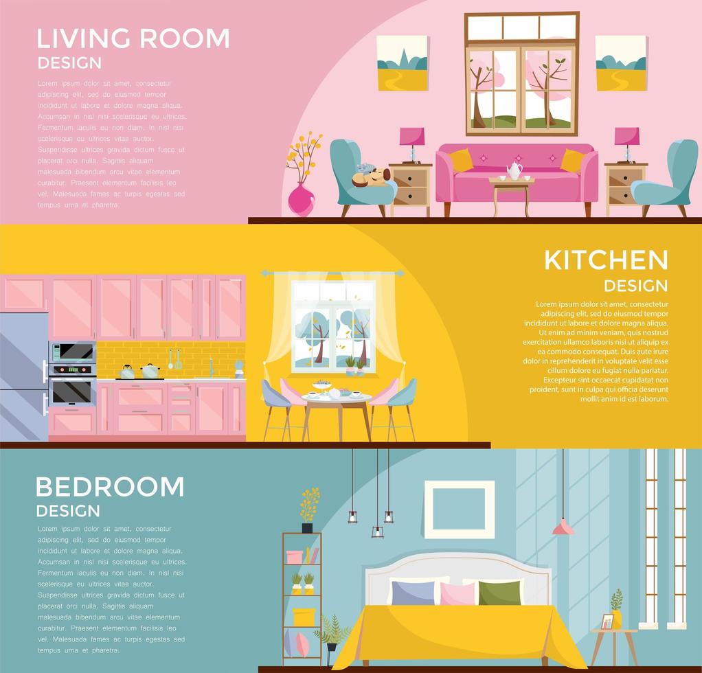 Set of colorful graphic room interiors living rooms with sofa, window, armchair, bedroom with bed kitchen, dining room. 3 Banners with furniture for rooms of house. Flat cartoon vector illustration