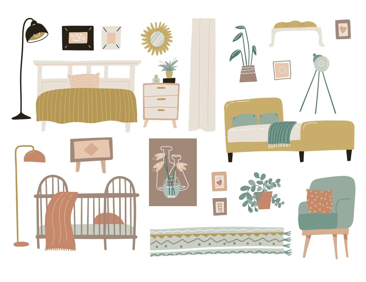 juego de muebles de dormitorio. colección de elementos de diseño de interiores para el hogar. concepto moderno escandinavo de cama, planta, lámpara de trípode, sillón, alfombra y cuna. ilustración vectorial plana vector