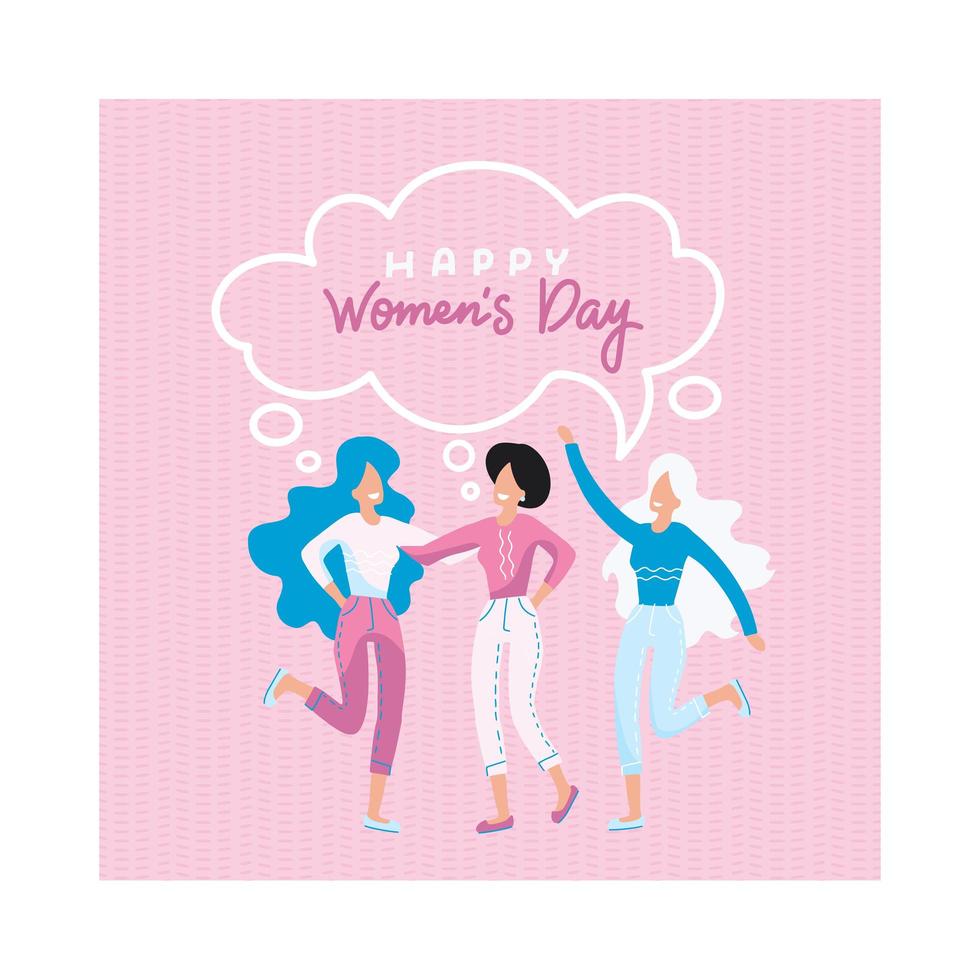 concepto para el día de la mujer. tres jóvenes chicas amigables sonrientes. amistad femenina, juntas para siempre, chicas felices, retrato de mujer. publicidad para mujeres. ilustración dibujada a mano plana vectorial. vector