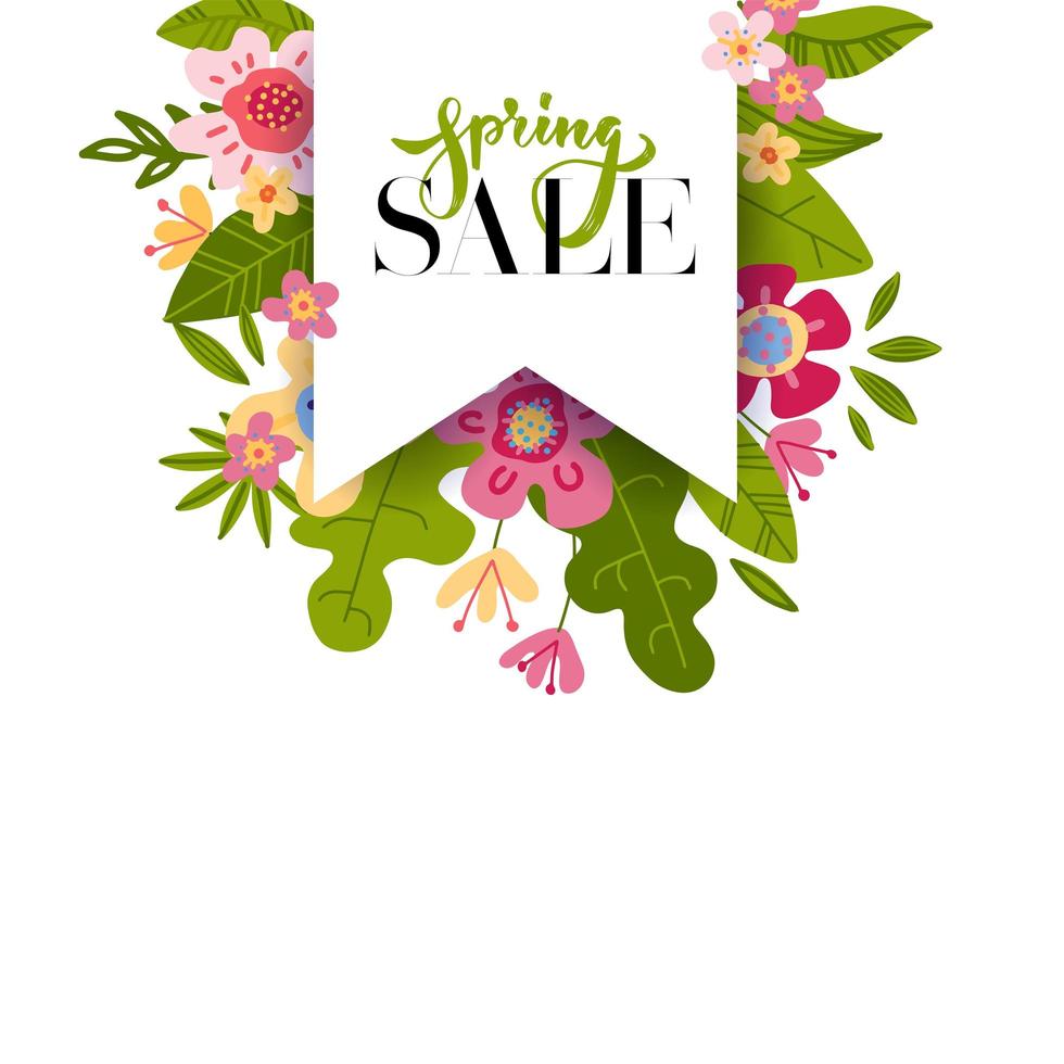 Spring sale tag label with text and brush lettering drawing. Vector illustration of abstract flowers and leaves, easy editable. Bachground with paper flag.