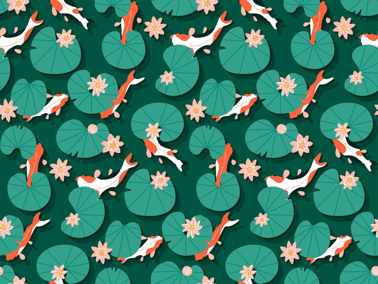 Seamless traditional with pattern Koi carp fishes swim in emerald water with pink lotus lily flowers, hand drawn vector illustration. Cartoon fish swimming in pond of japanese oriental garden. Up view