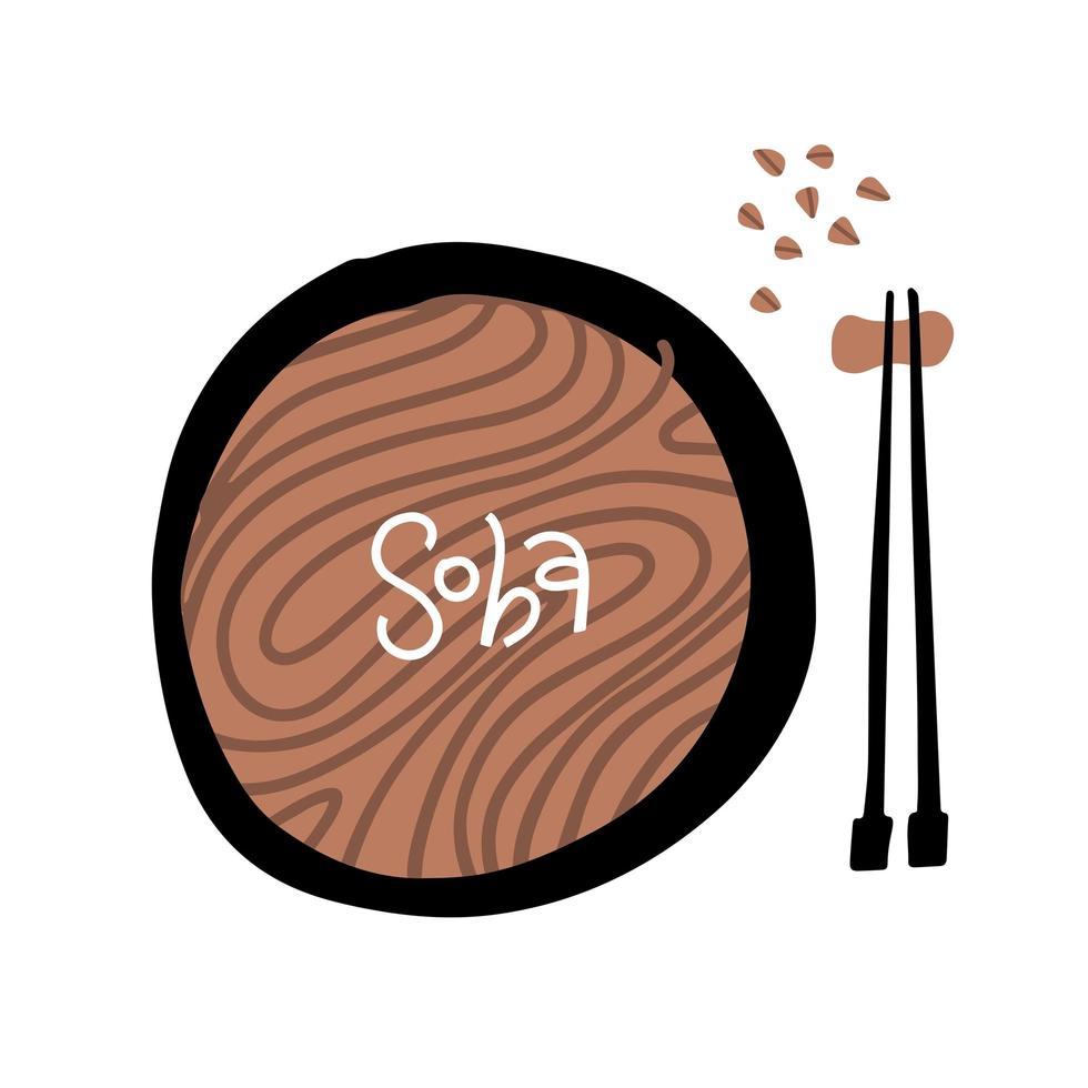 los fideos de trigo sarraceno en un tazón y los palillos sostienen soba aislado en fondo blanco. ilustración vectorial de fideos soba cocidos en dibujos animados de estilo plano simple. comida japonesa. vector