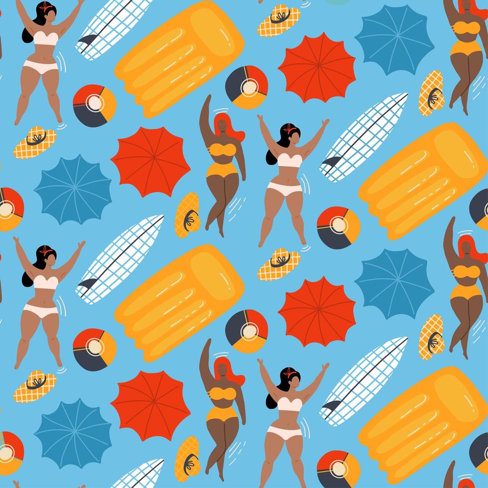 mujeres en la piscina nadando con pelota inflable y colchones de patrones sin fisuras. ilustración vectorial plana. vector