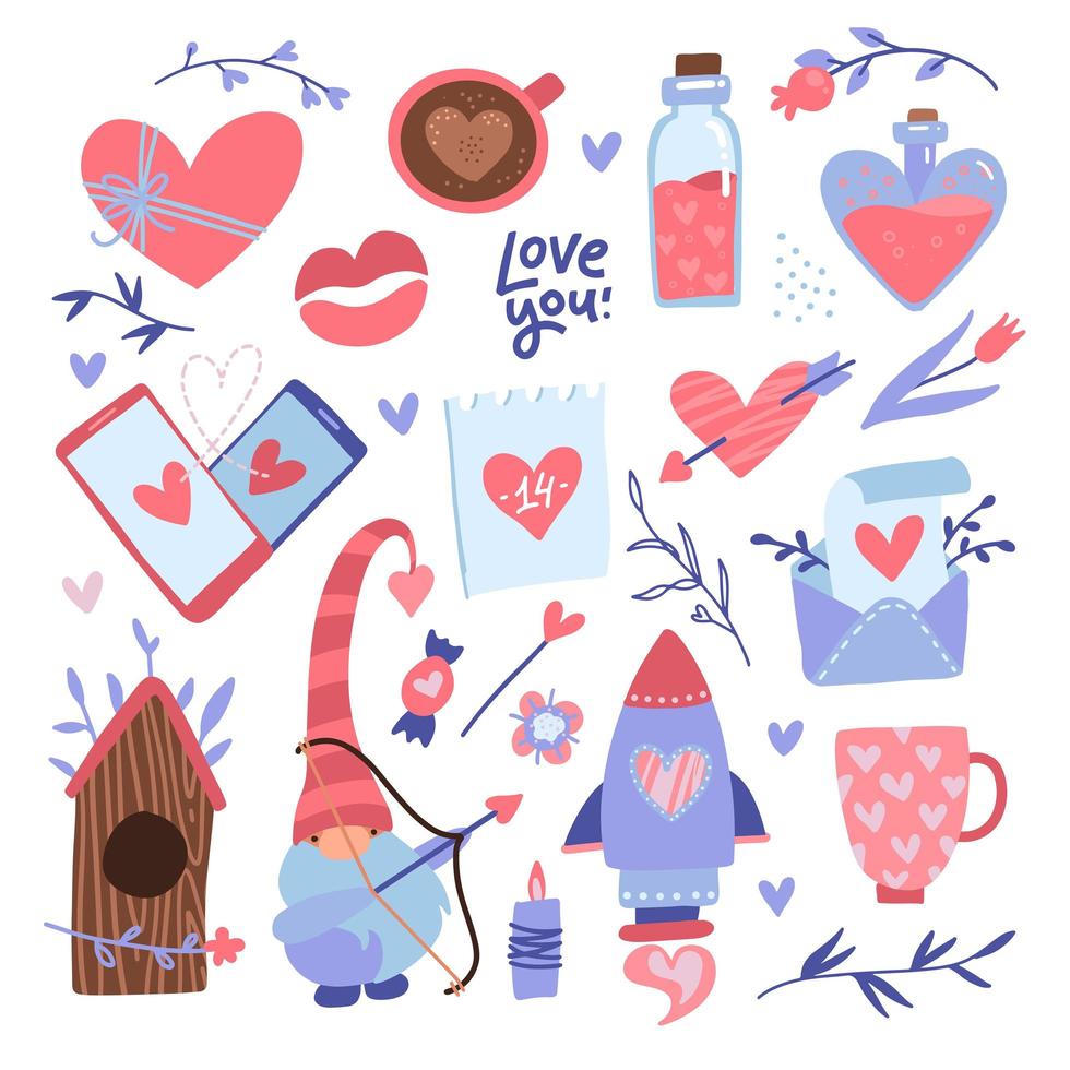 conjunto de elementos del día de san valentín. decoración de amor para redes sociales, diseño web, redes sociales, comunicación en línea, tarjetas y material impreso. ilustración vectorial plana aislada sobre fondo blanco. vector