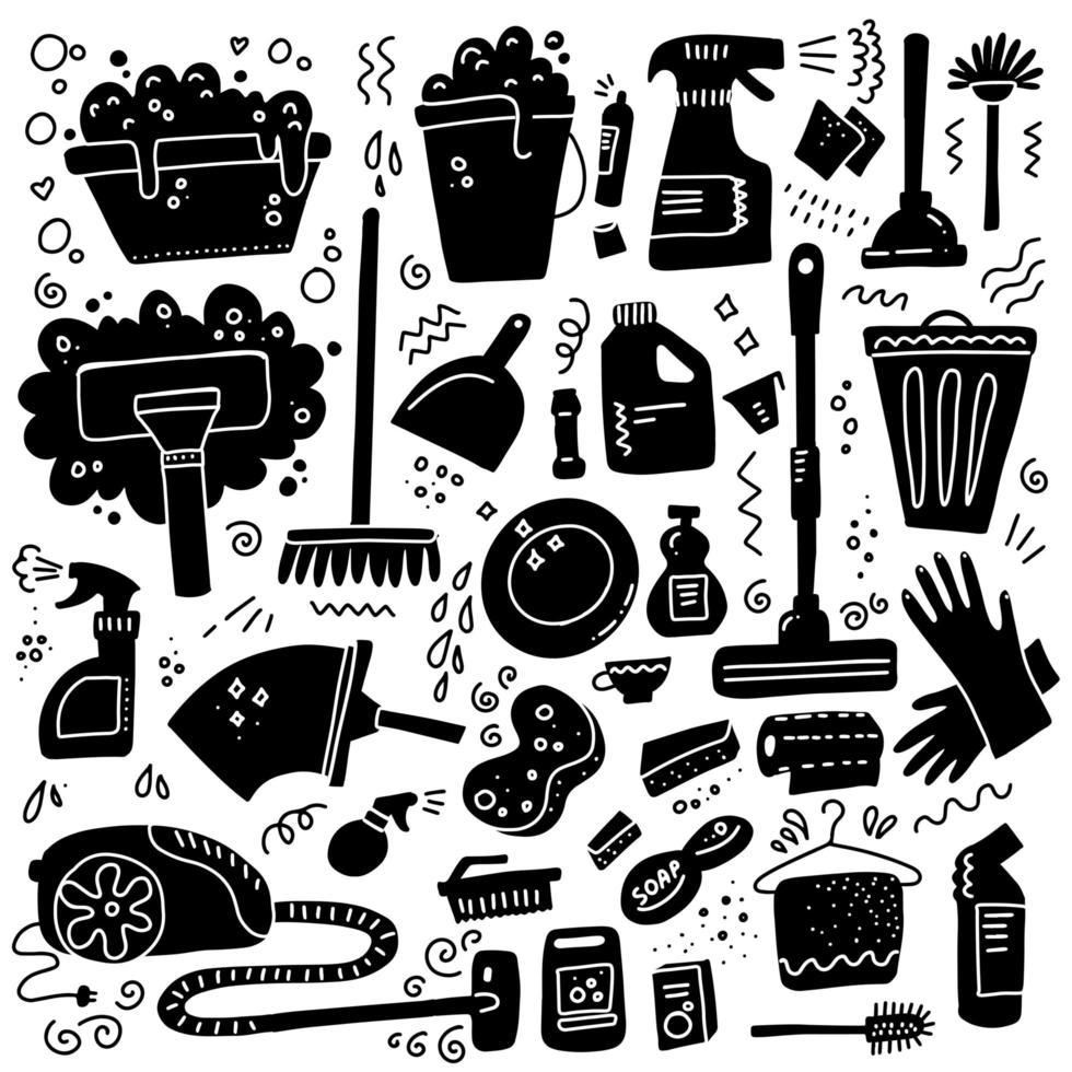 Cleaning tools. Vector set of black signs of cleaning equipment isolated on white background. Collection of housekeeping symbols in doodle hand drawn style. Black and white design illustration.