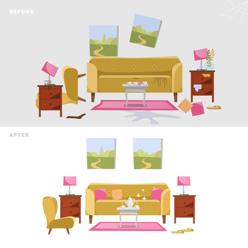 Living room before and after cleaning concept. Modern interior design with yellow sofa, table, pictures. Dirty interior. Isolated vector flat illustration