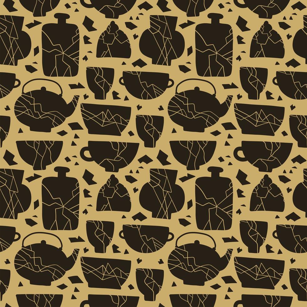 Dishes with kintsugi crack seamless pattern on golden background. Broken marble luxury stone effect. Flat vector illustration.