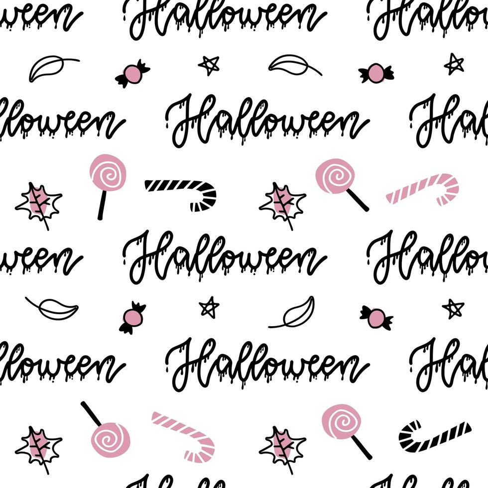 Halloween seamless pattern. Vector hand drawn illustration with lettering word and sweets Linear art
