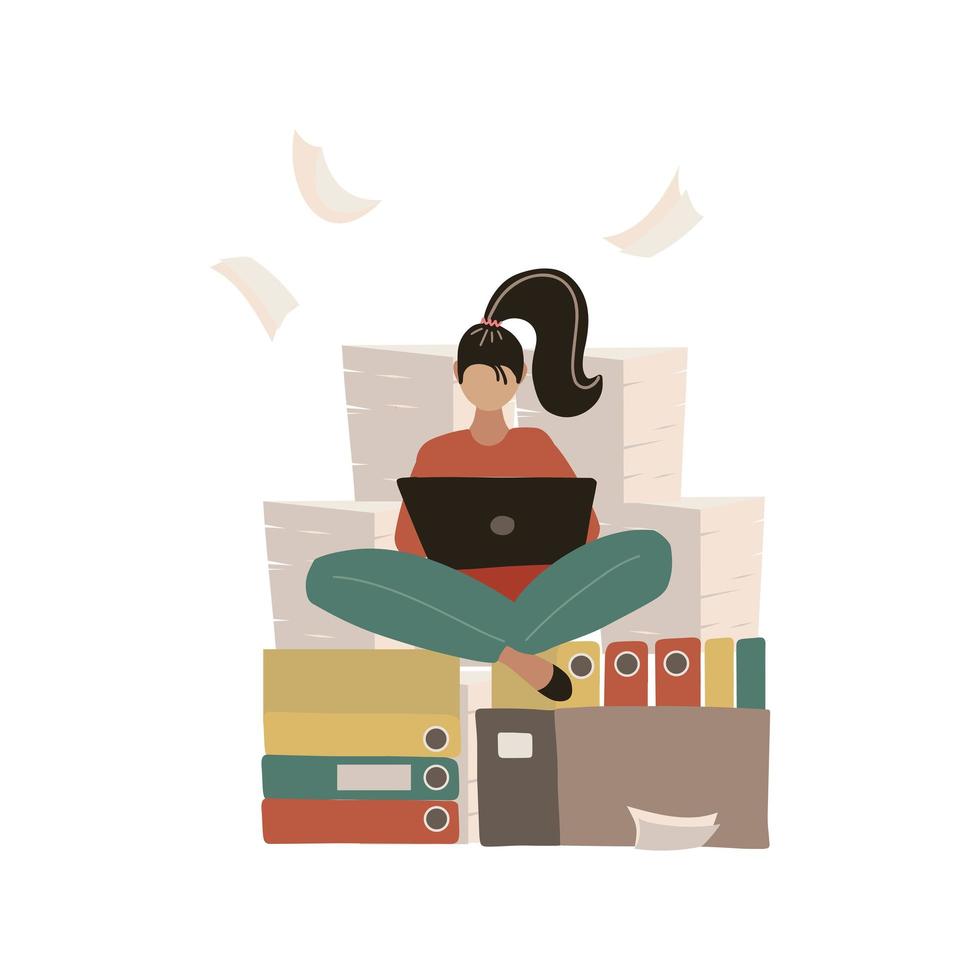 Woman at work doing yoga lotus pose. Pile of paper, busy stressed employee sitting on stack of documents in carton, cardboard box. Paperwork Bureaucracy. Worker meditating and working. Flat vector