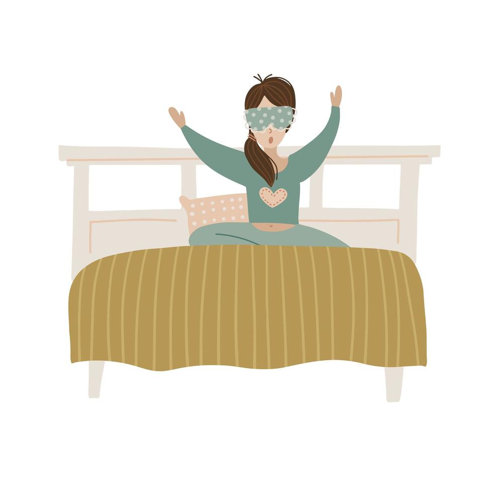 Wake up girl. Young woman in bed yawning. Isolated concept of start good day. Flat hand drawn vector illustration.