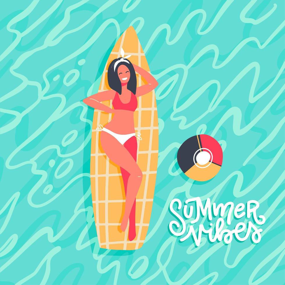 Cute young girl dressed in swimwear lying on supboard next to inflatable ball on Azure sea background. Beautiful woman sunbathing in summer vibes. Vacation at seaside resort. Flat vector illustration