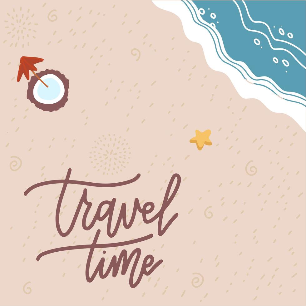 Summer Time banner. Flat sand and sea texture. Season vacation, weekend, holiday logo. Happy shiny Day. Vector Lettering on sand with coconut cocktail. Tpo view vector illustration. Traveling poster.