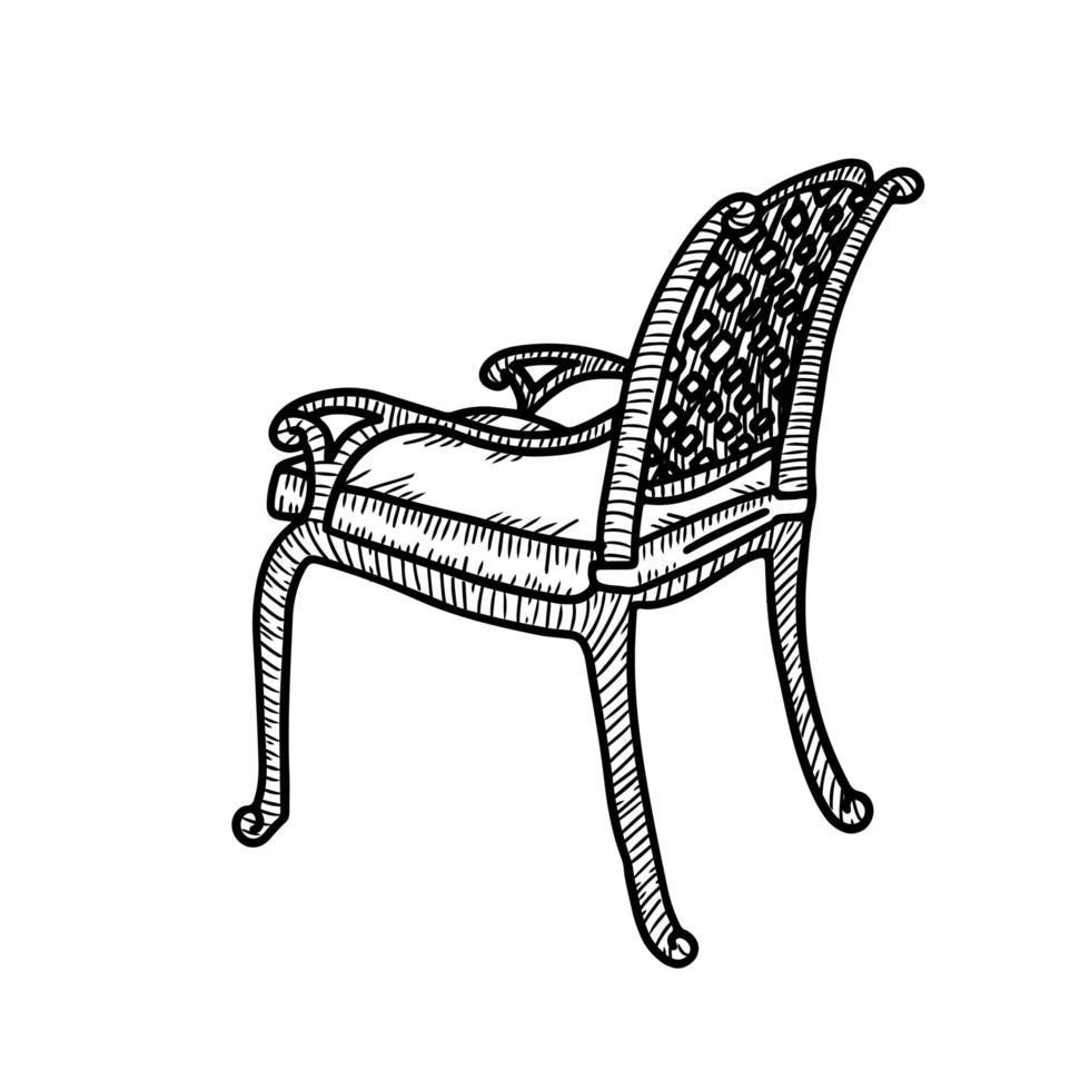 Line art wicker armchair. Wicker garden chair sketch. Outdoor street cafe furniture. Vector hand drawn illustration isolated on white background. Side view.