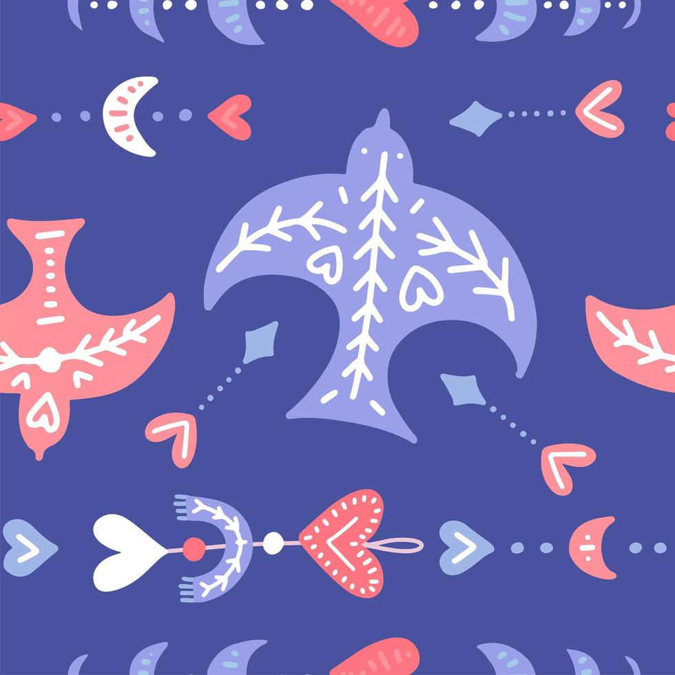 Boho style Flying swallow seamless pattern with heart and moon phases. Vector flat hand drawn illustration