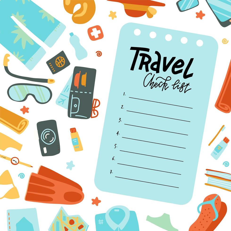 Airplane trip essentials. Traveling check list for carry-on bag for flight with passport and ticket, smartphone and , notebook and credit card and holiday equipment. Flat vector illustration