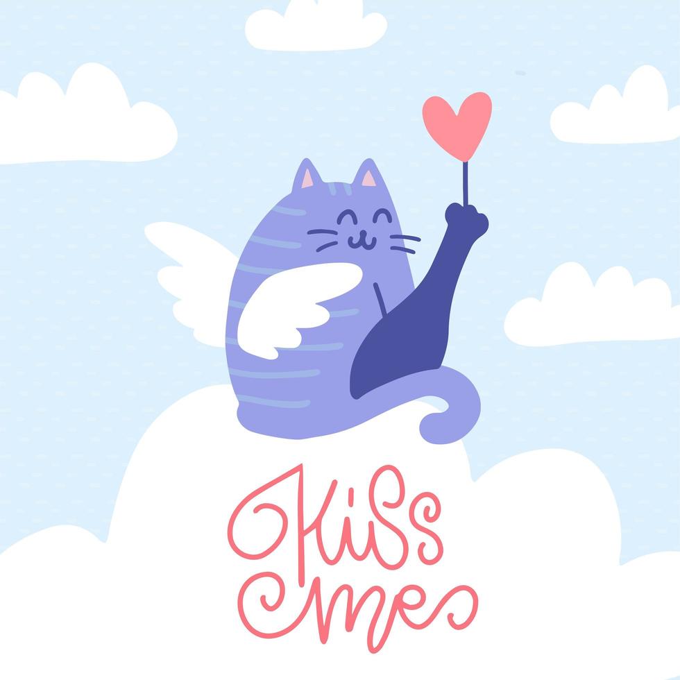 Angel cat sitting on a cloud with a heart in its raised hind leg. Colorful flat vector illustration for Valentine s day card with lettering quote Kiss me.