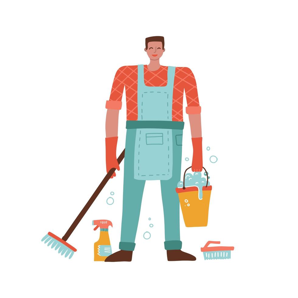 Cleaning male worker isolated flat cartoon character. Man in uniform holding mop and bucket. Vector professional staff, domestic cleaner and washing equipment. Home clean service. Vector illustration.