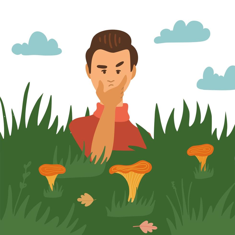 Doubting Man Looking at Mushrooms in grass. Mushroomer Character Spend Time Outdoors at Autumn Season picking chanterelles fungus. Fall Activity, Hobby. Cartoon flat Vector Illustration