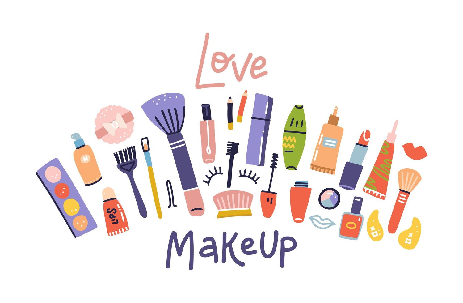 Sketch of cosmetics products, fashion banner. Brushes, palettes, lipstick, eye pencil, nail polish vector illustrations set on white . Cosmetics shop, beauty salon. Lettering quote - Love Makeup