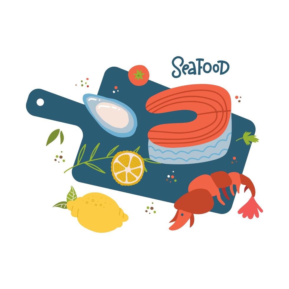 Cooking salmon steak,srimp ,shell vector cartoon top view illustration. Raw sea fish on wooden cutting board, spices and ingredients. Seafood restaurant menu design elements. Freehand marine products.
