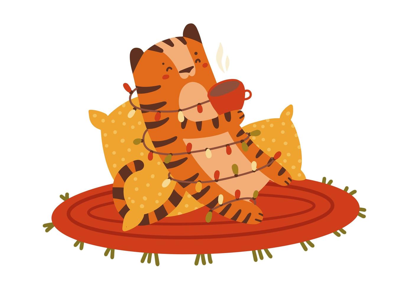 Tiger is the symbol of New year 202. Cute tiger with a garland, pillows and a cup of tea. Animal sitting on the map, carpet for printing on children s clothing. Flat hand drawn vector illustration.