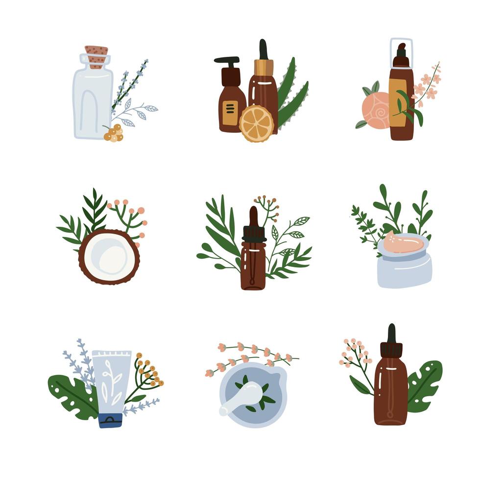 Natural cosmetics compositions set. Skincare and healthcare, natural pharmacological products Organic cosmetics, biopharmacology products, homeopathy metaphors. Vector flat illustrations.