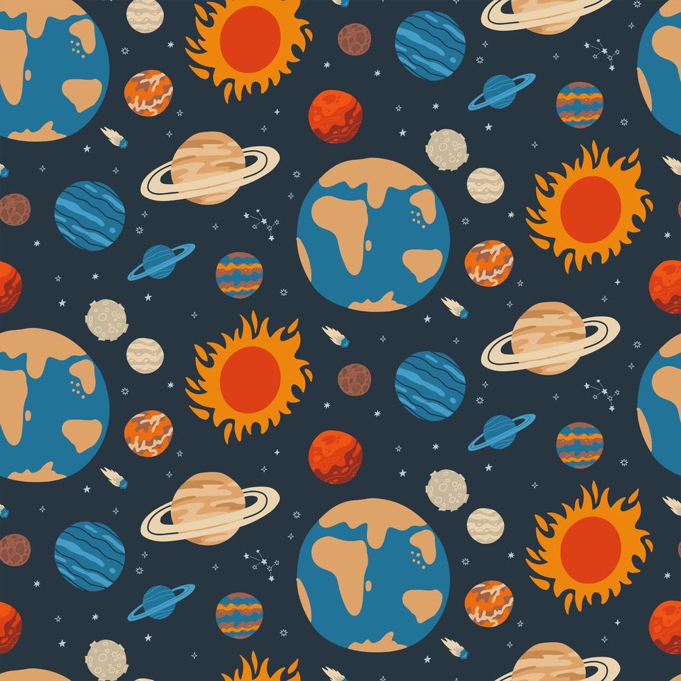 Cool galaxy planets and stars space seamless pattern with Earth, Moon, Venus, Mars, Jupiter, Saturn and more. Ideal for wrapping paper, website background, fabric. Hand drawn flat vector illustration