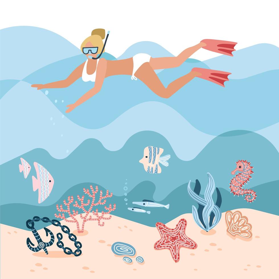 mujer personaje buceo libre o snorkel bajo el agua en el fondo del mar con corales y algas. chica nadadora. recreación activa, vacaciones y actividades de ocio. ilustración vectorial plana de dibujos animados. vector