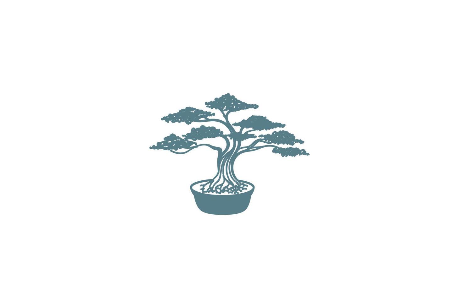 Oriental Japanese Bonsai Mini Small Plant Tree on Pot Silhouette Logo Design Vector