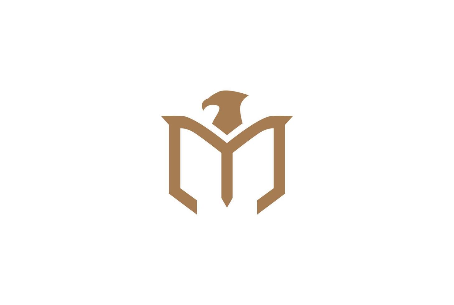 Initial Letter M with Strong Eagle Hawk Falcon Phoenix Head Bird Silhouette Logo Design Vector
