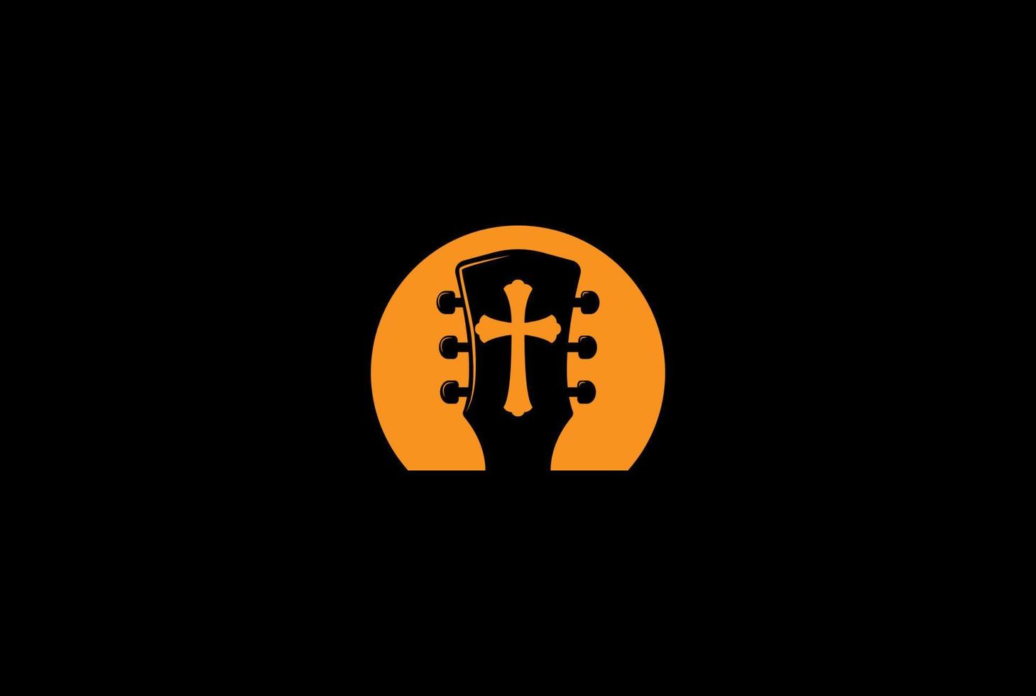 simple puesta de sol con guitarra y cruz cristiana para el vector de diseño del logotipo de la música de la iglesia