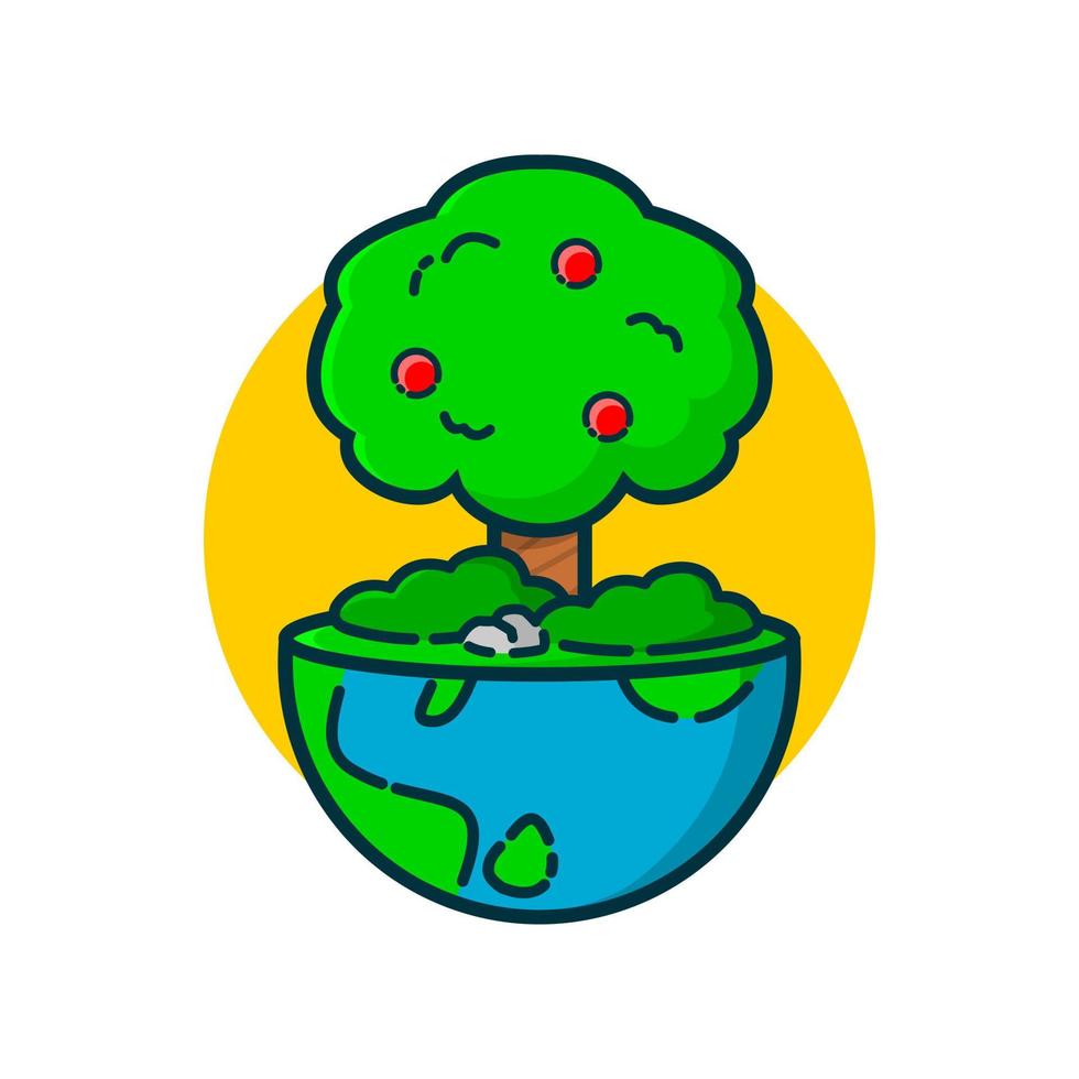illustration of a half earth with a tree on the top. earth day vector illustration.